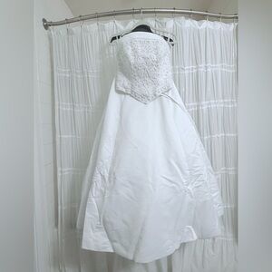 Two-piece strapless white gown, floral beaded bodice